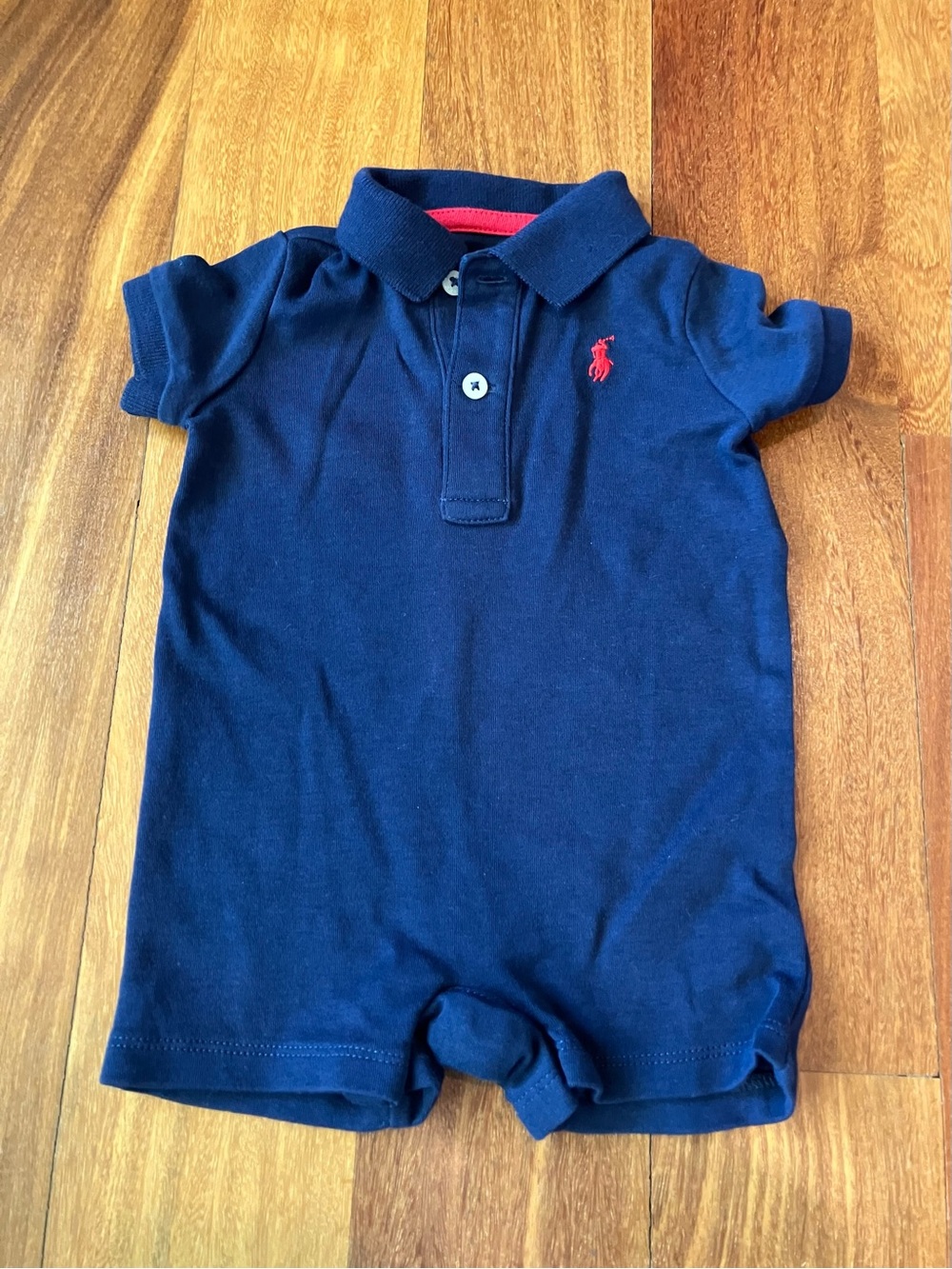 Ralph Lauren Navy Polo Romper with Red Pony Embroidery